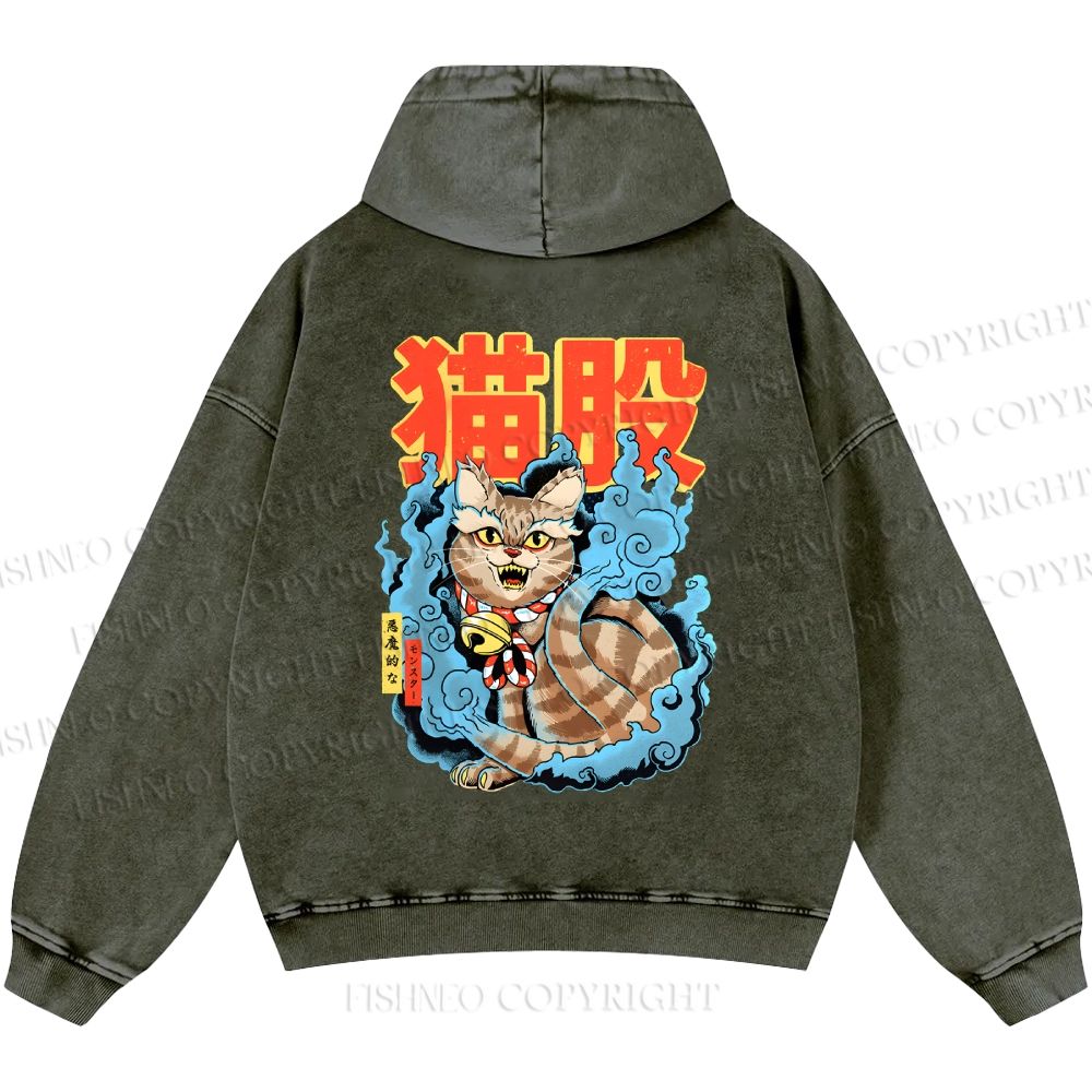 Unisex Casual Japanese Nekomata Printed Double-sided Washed Hoodie