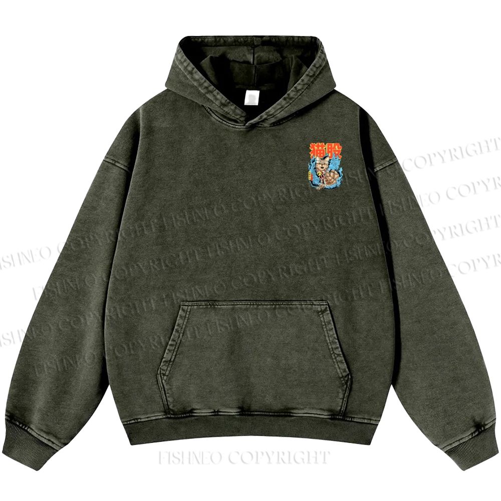 Unisex Casual Japanese Nekomata Printed Double-sided Washed Hoodie