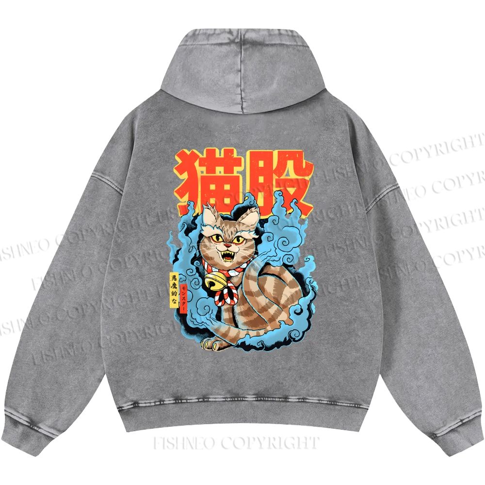 Unisex Casual Japanese Nekomata Printed Double-sided Washed Hoodie