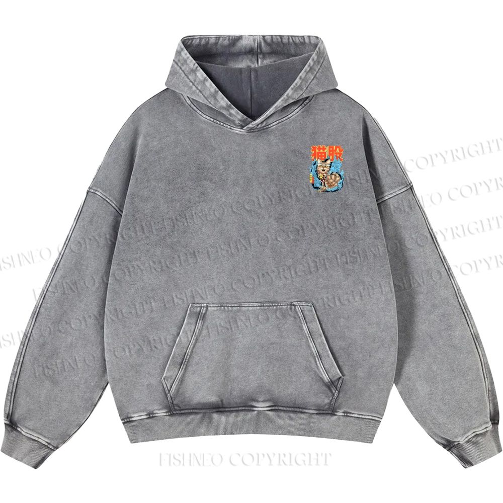 Unisex Casual Japanese Nekomata Printed Double-sided Washed Hoodie