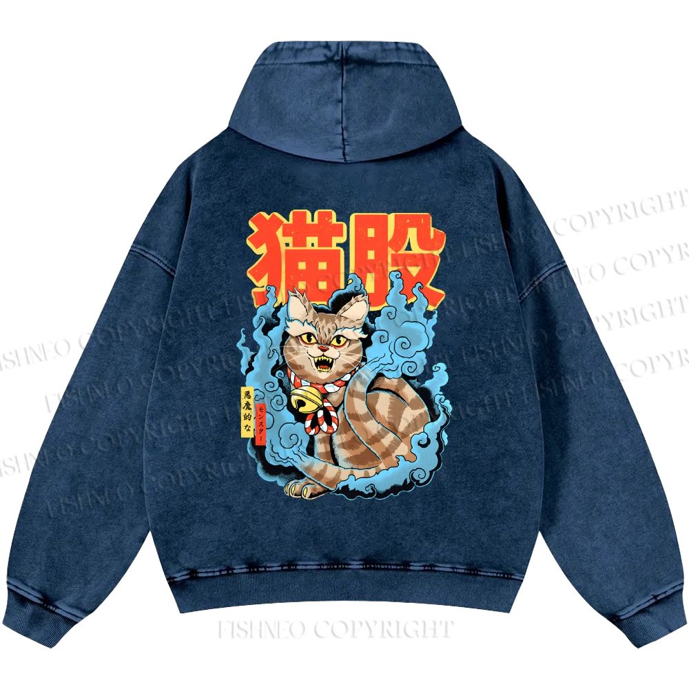 Unisex Casual Japanese Nekomata Printed Double-sided Washed Hoodie