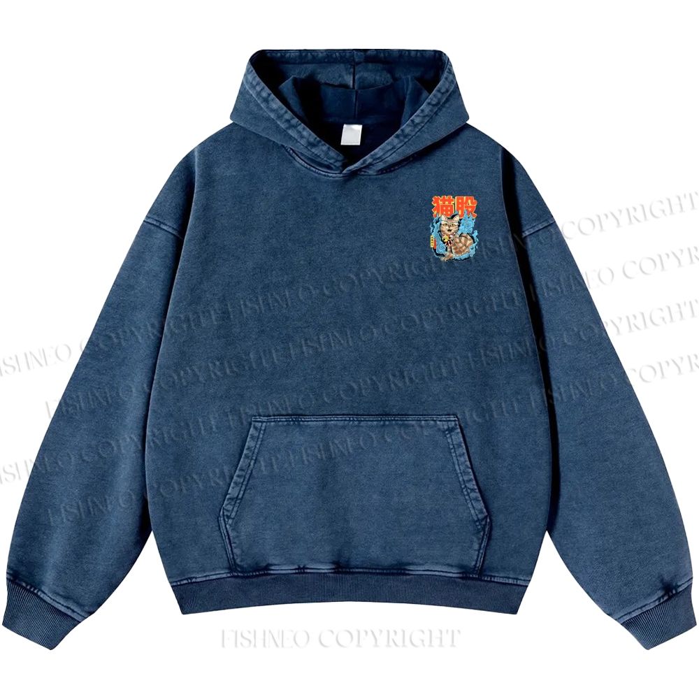 Unisex Casual Japanese Nekomata Printed Double-sided Washed Hoodie