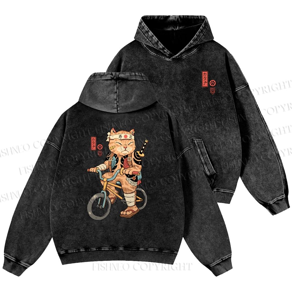 Unisex Casual Riding Bicycle Samurai Cat Printed Double-sided Washed Hoodie