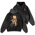 Unisex Casual Riding Bicycle Samurai Cat Printed Double-sided Washed Hoodie