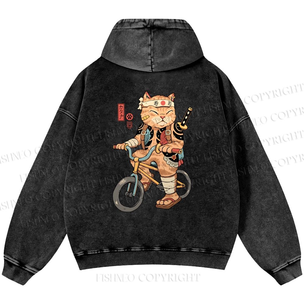 Unisex Casual Riding Bicycle Samurai Cat Printed Double-sided Washed Hoodie