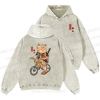 Unisex Casual Riding Bicycle Samurai Cat Printed Double-sided Washed Hoodie