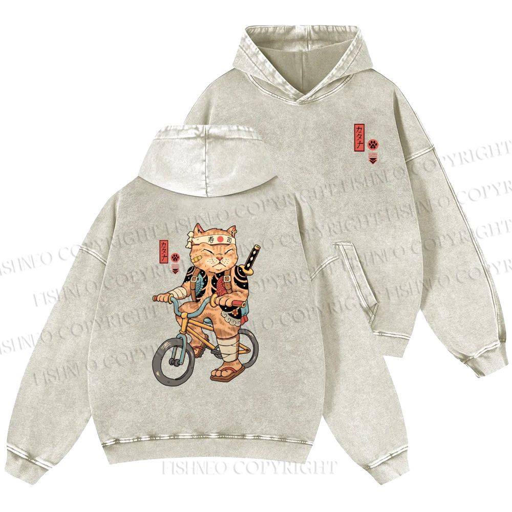 Unisex Casual Riding Bicycle Samurai Cat Printed Double-sided Washed Hoodie