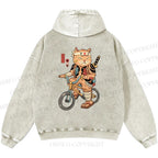 Unisex Casual Riding Bicycle Samurai Cat Printed Double-sided Washed Hoodie