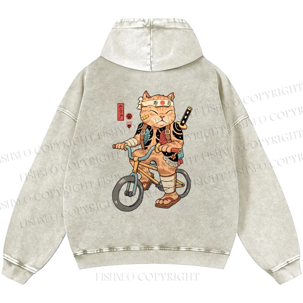 Unisex Casual Riding Bicycle Samurai Cat Printed Double-sided Washed Hoodie