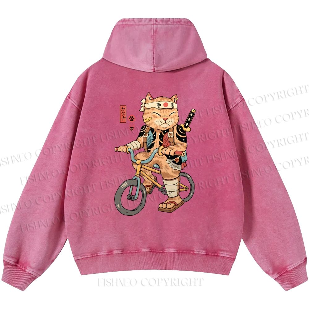 Unisex Casual Riding Bicycle Samurai Cat Printed Double-sided Washed Hoodie