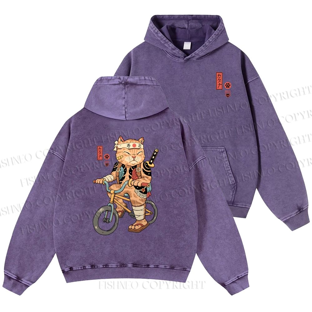 Unisex Casual Riding Bicycle Samurai Cat Printed Double-sided Washed Hoodie