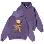 Unisex Casual Riding Bicycle Samurai Cat Printed Double-sided Washed Hoodie