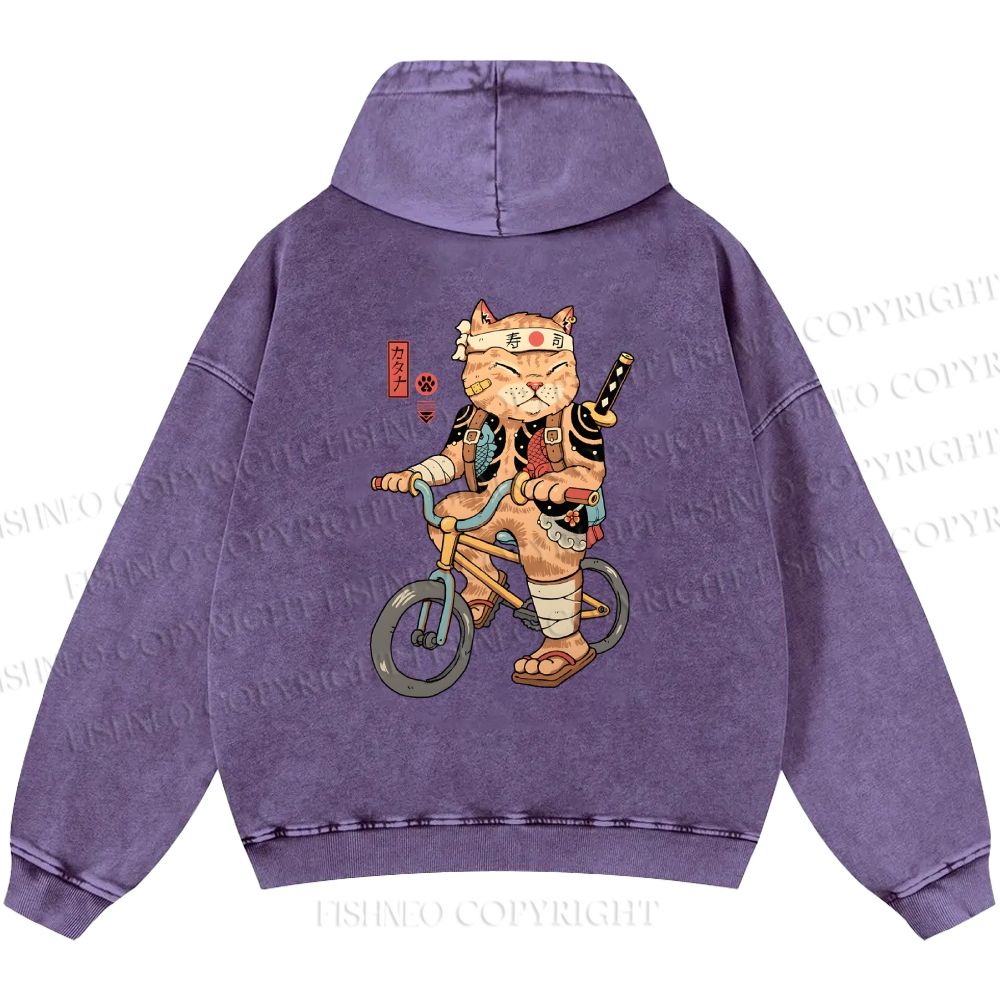 Unisex Casual Riding Bicycle Samurai Cat Printed Double-sided Washed Hoodie