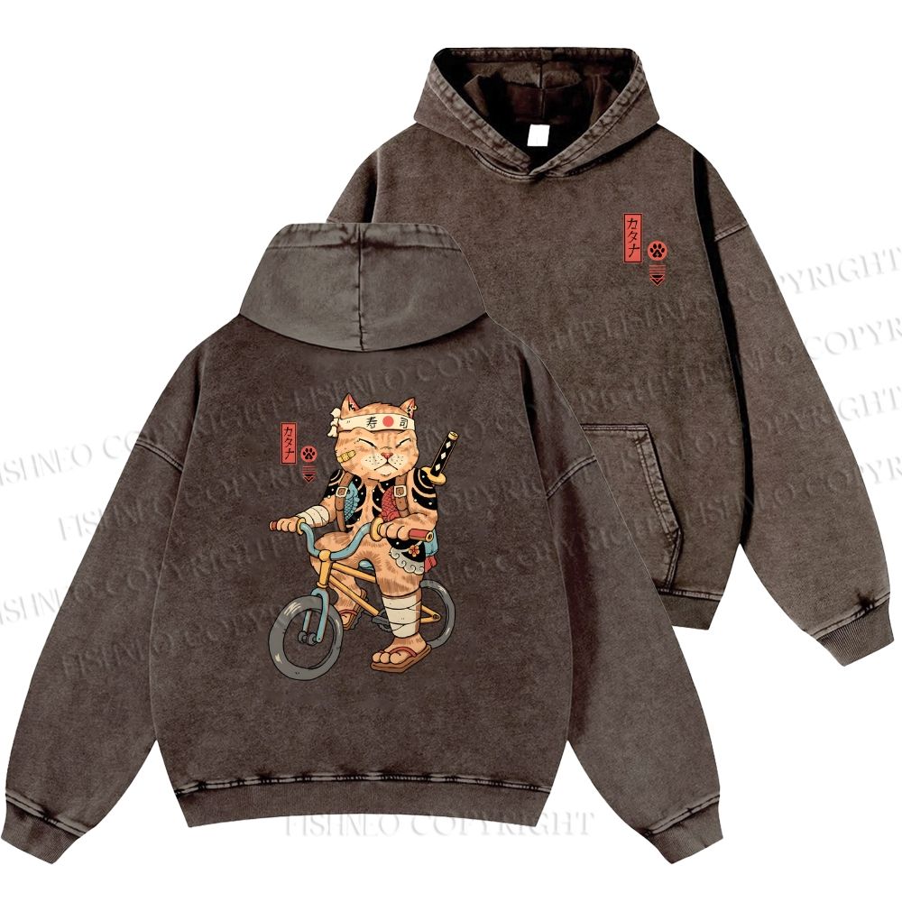 Unisex Casual Riding Bicycle Samurai Cat Printed Double-sided Washed Hoodie
