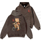 Unisex Casual Riding Bicycle Samurai Cat Printed Double-sided Washed Hoodie