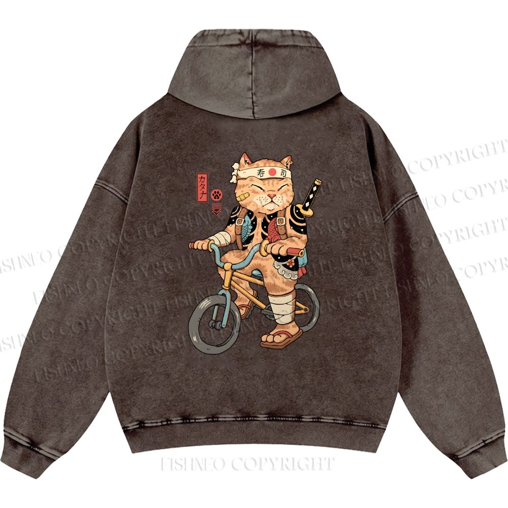 Unisex Casual Riding Bicycle Samurai Cat Printed Double-sided Washed Hoodie
