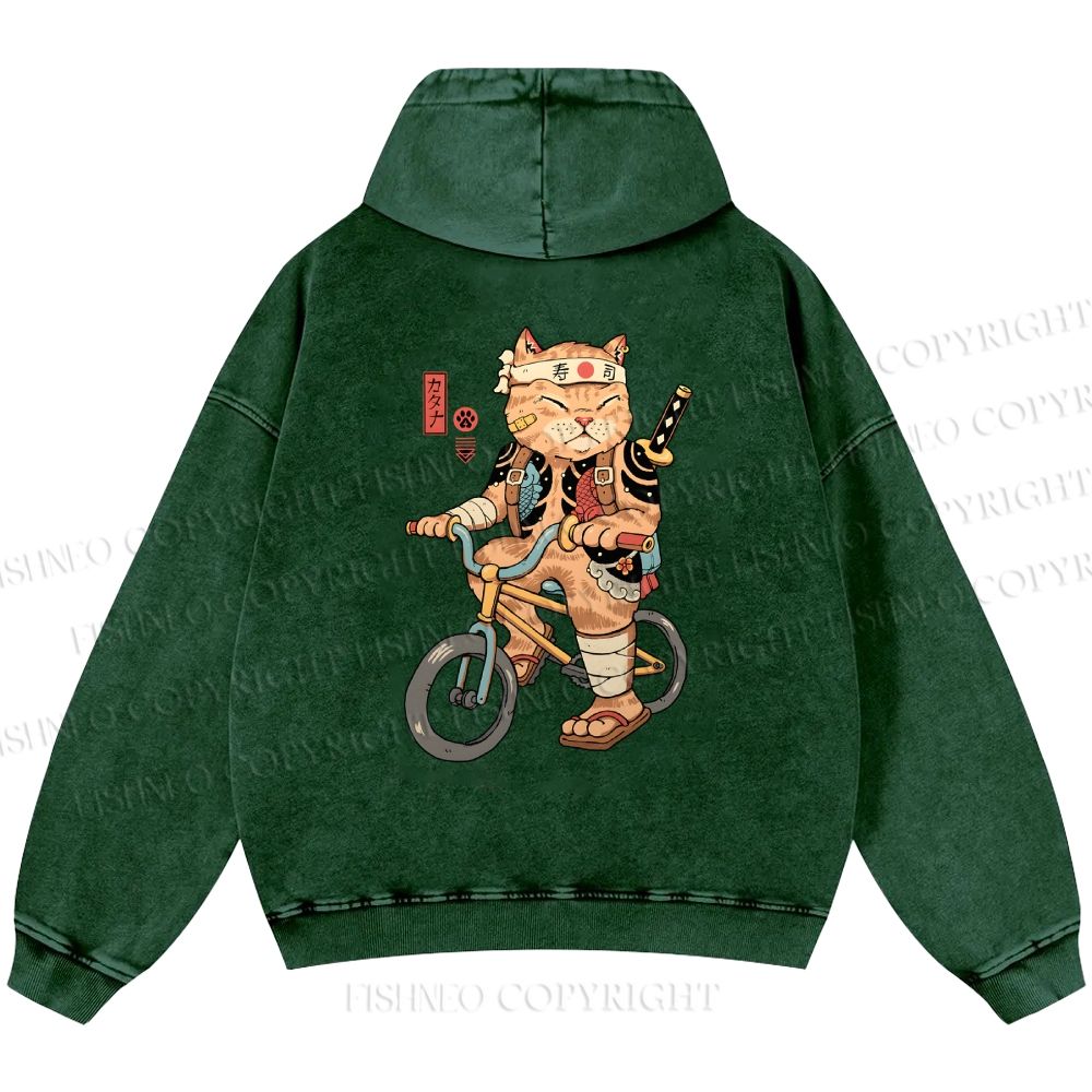Unisex Casual Riding Bicycle Samurai Cat Printed Double-sided Washed Hoodie