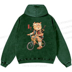 Unisex Casual Riding Bicycle Samurai Cat Printed Double-sided Washed Hoodie