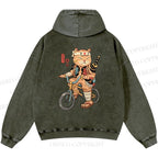 Unisex Casual Riding Bicycle Samurai Cat Printed Double-sided Washed Hoodie