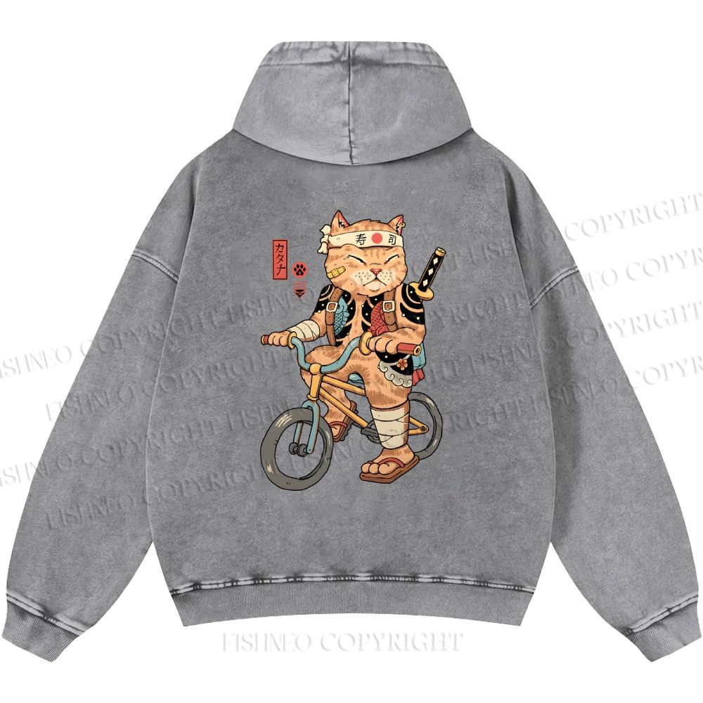 Unisex Casual Riding Bicycle Samurai Cat Printed Double-sided Washed Hoodie