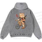 Unisex Casual Riding Bicycle Samurai Cat Printed Double-sided Washed Hoodie