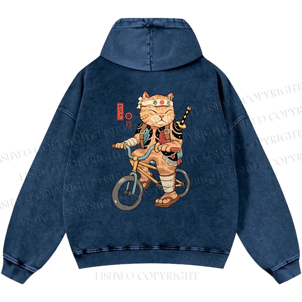 Unisex Casual Riding Bicycle Samurai Cat Printed Double-sided Washed Hoodie