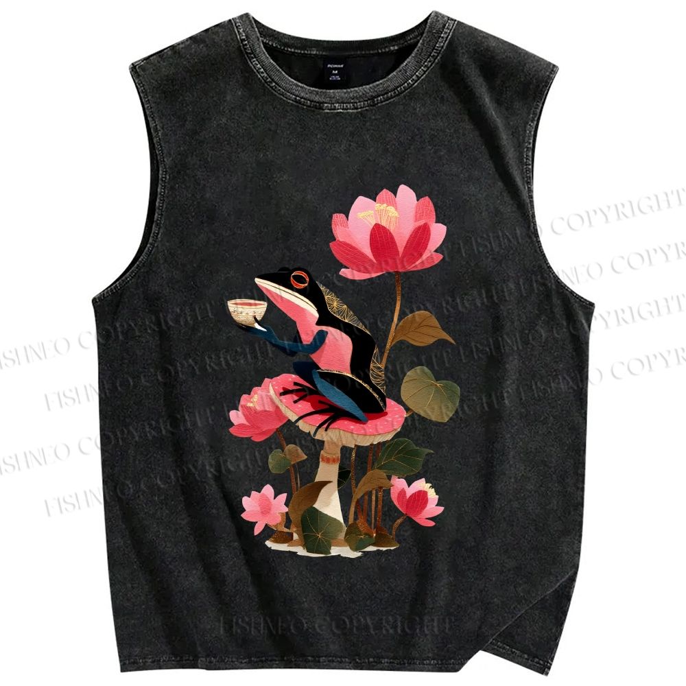 Unisex Vintage Frog on Lotus Printed Washed Tank Top