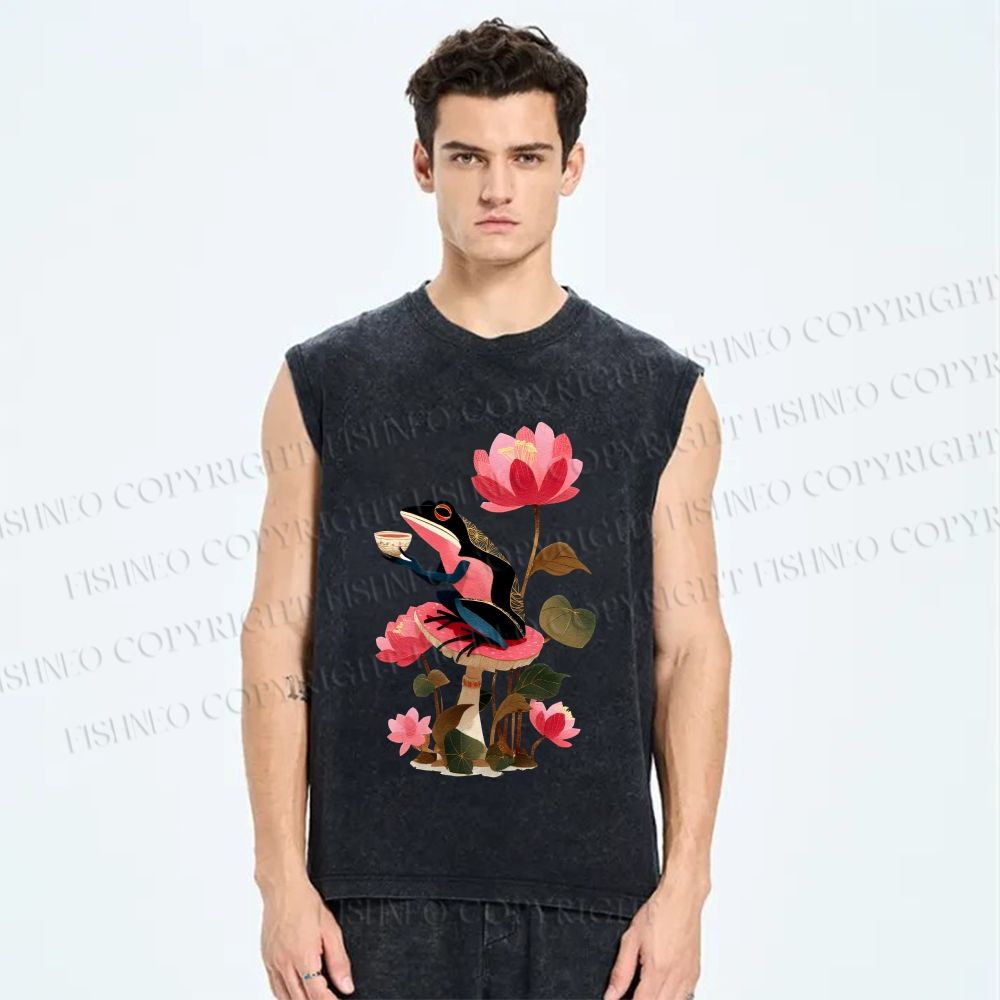 Unisex Vintage Frog on Lotus Printed Washed Tank Top