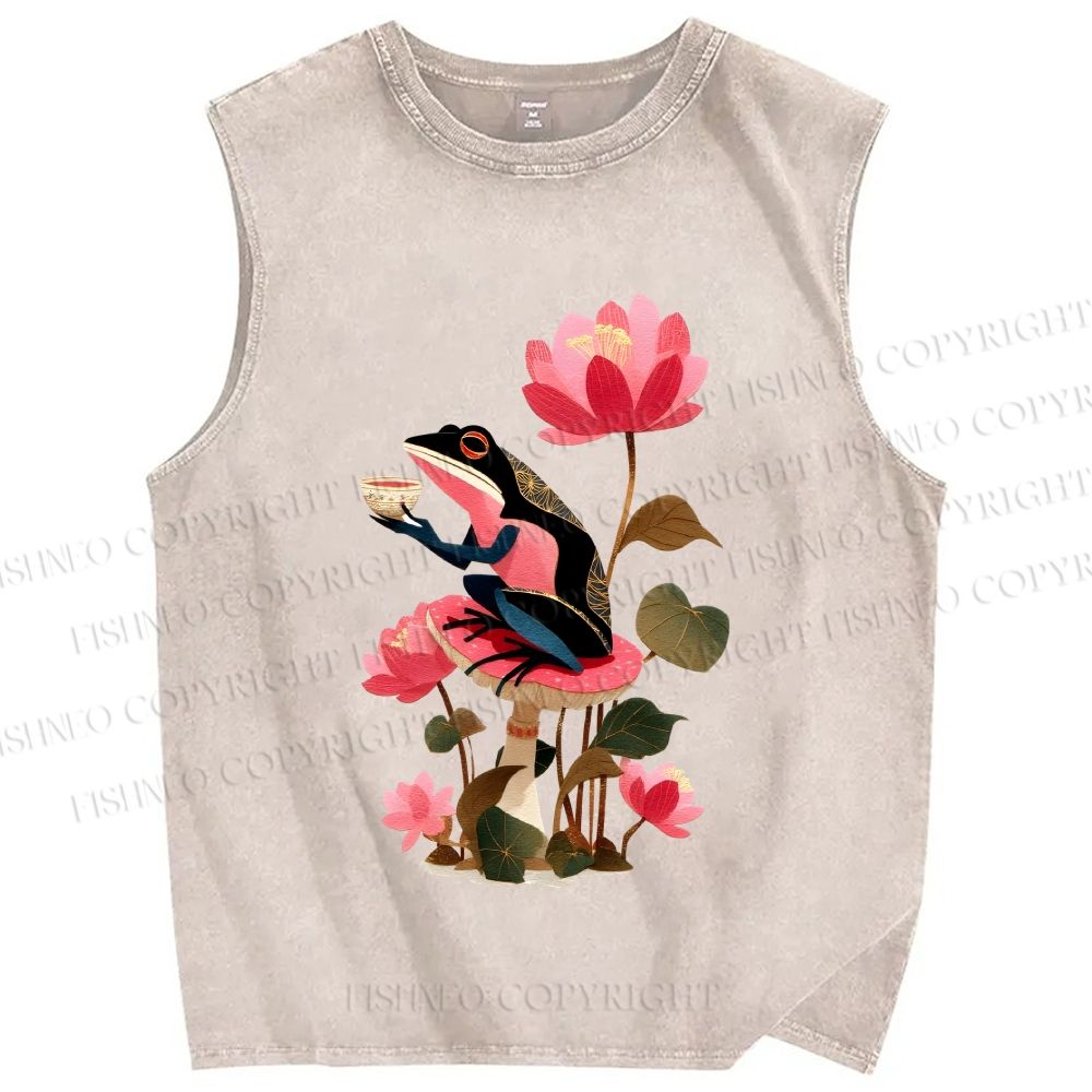 Unisex Vintage Frog on Lotus Printed Washed Tank Top