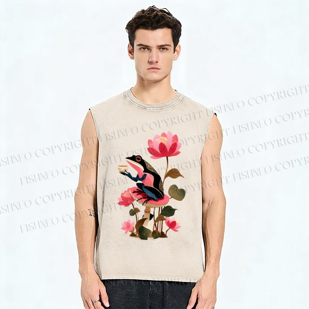 Unisex Vintage Frog on Lotus Printed Washed Tank Top