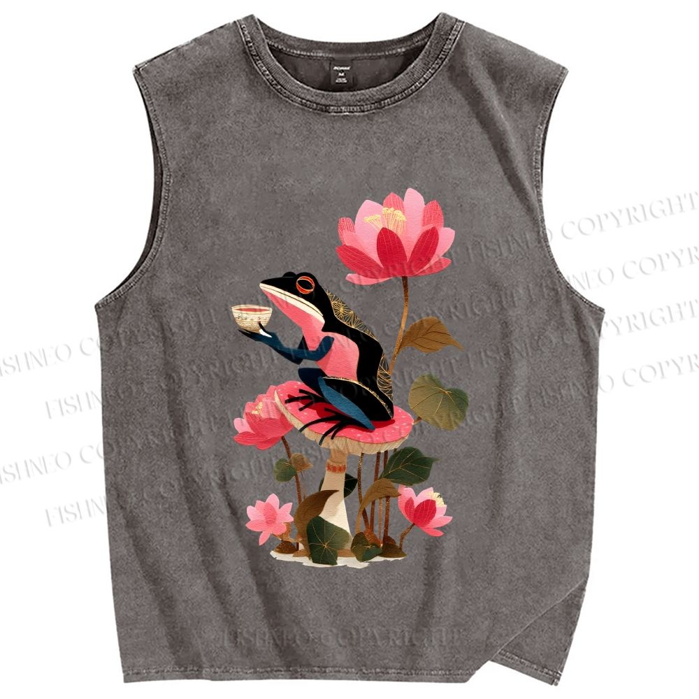Unisex Vintage Frog on Lotus Printed Washed Tank Top