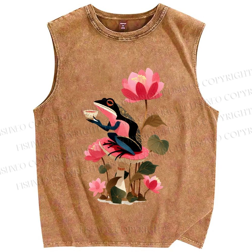 Unisex Vintage Frog on Lotus Printed Washed Tank Top