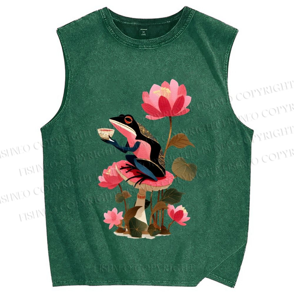 Unisex Vintage Frog on Lotus Printed Washed Tank Top