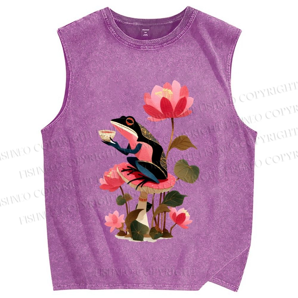 Unisex Vintage Frog on Lotus Printed Washed Tank Top