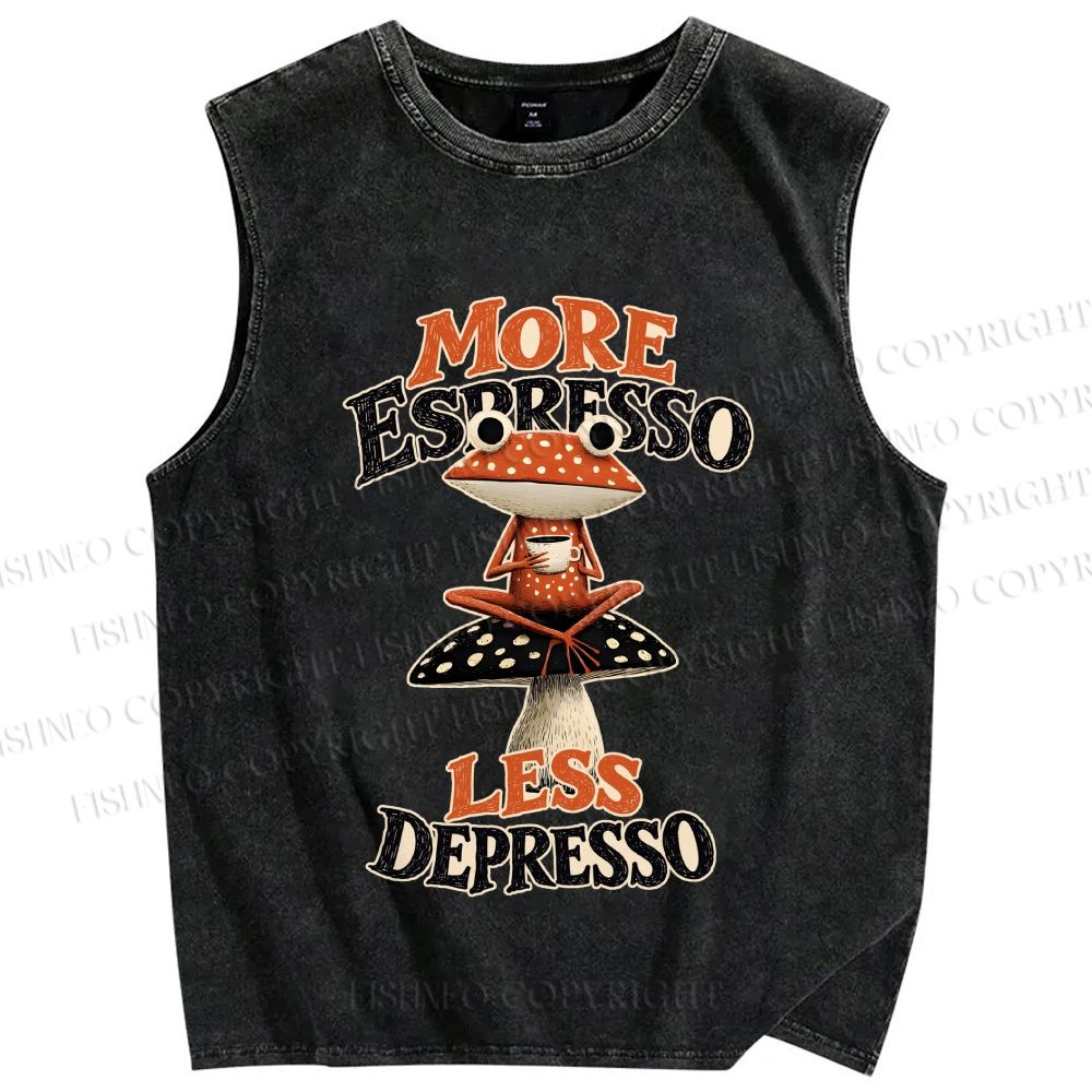 Unisex Frog on Mushroom More Espresso Less Depresso Printed Washed Tank Top