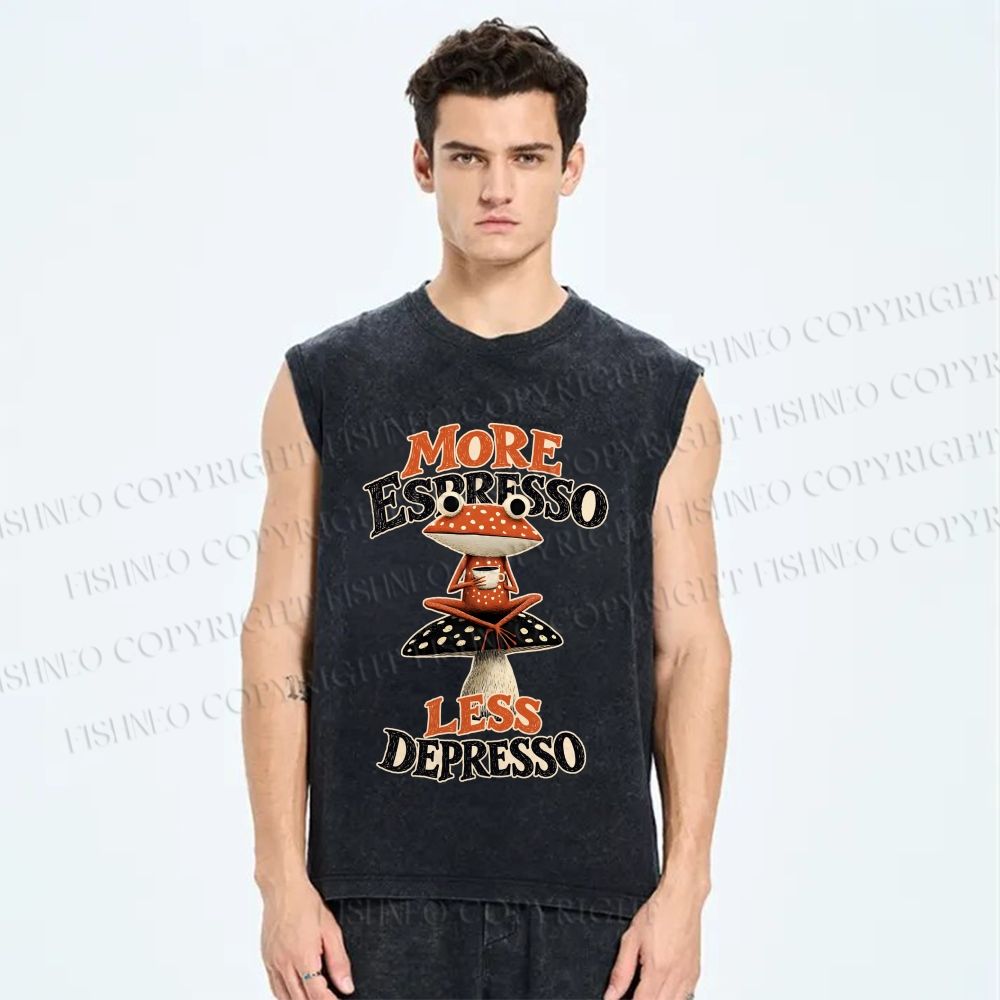 Unisex Frog on Mushroom More Espresso Less Depresso Printed Washed Tank Top
