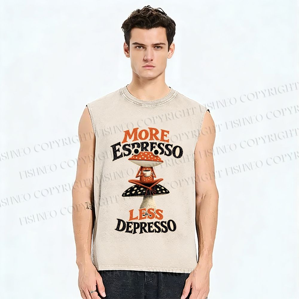 Unisex Frog on Mushroom More Espresso Less Depresso Printed Washed Tank Top