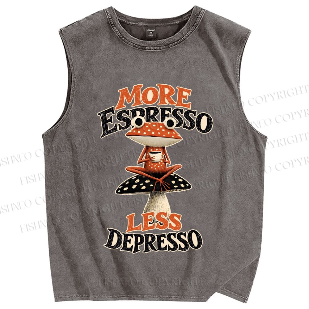 Unisex Frog on Mushroom More Espresso Less Depresso Printed Washed Tank Top