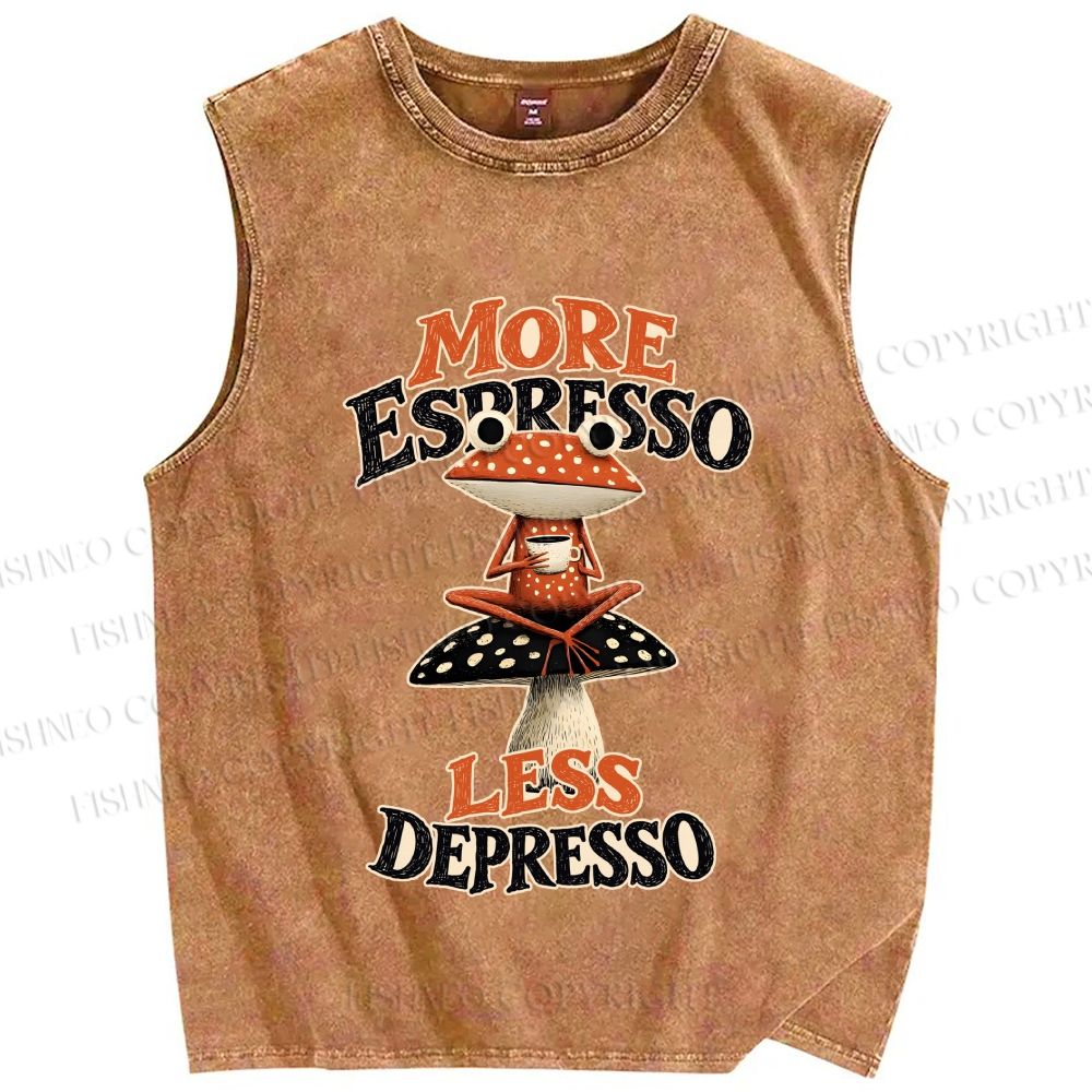 Unisex Frog on Mushroom More Espresso Less Depresso Printed Washed Tank Top