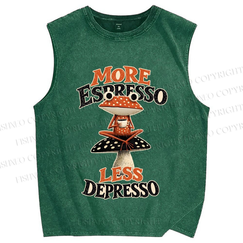 Unisex Frog on Mushroom More Espresso Less Depresso Printed Washed Tank Top