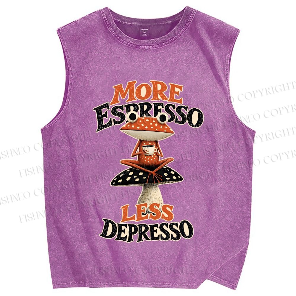 Unisex Frog on Mushroom More Espresso Less Depresso Printed Washed Tank Top