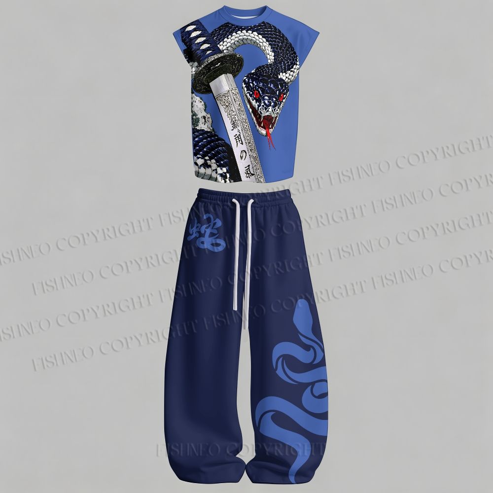 Men's Vintage Snake With Knife Sleeveless Tank Top & Elasticated Trousers pants Two-Piece Streetwear Set