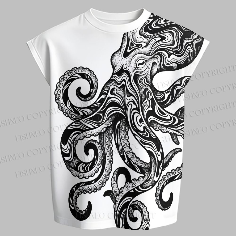 Men's Black And White Octopus Sleeveless Tank Top & Elasticated Trousers pants Two-Piece Streetwear Set