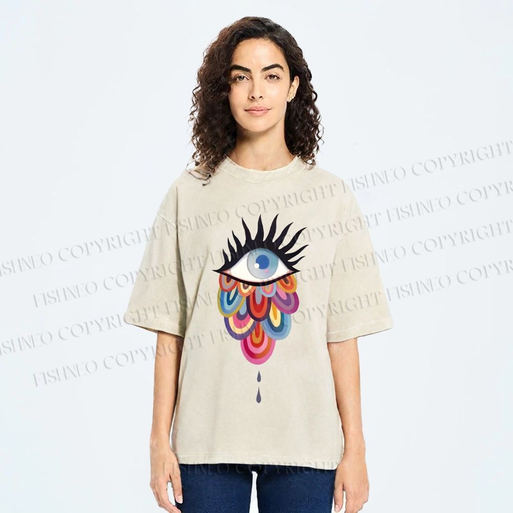 Unisex Eye on Multicolor Clouds Printed Washed Tee