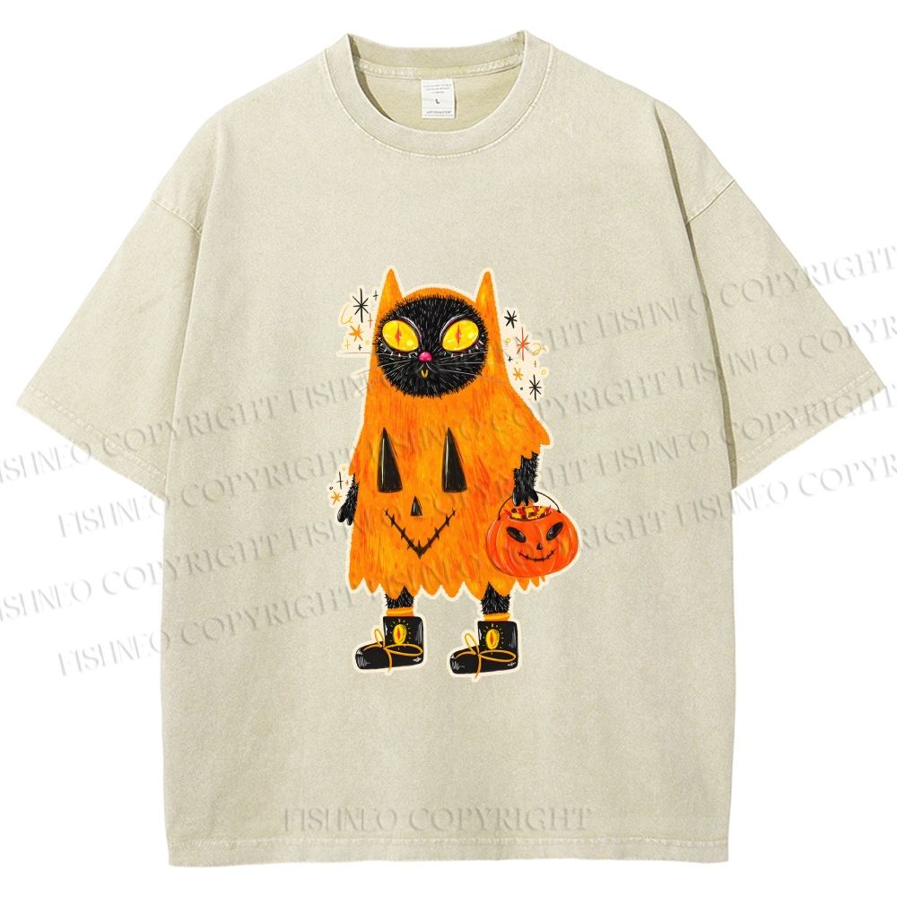 Unisex Halloween Black Cat Printed Washed Tee