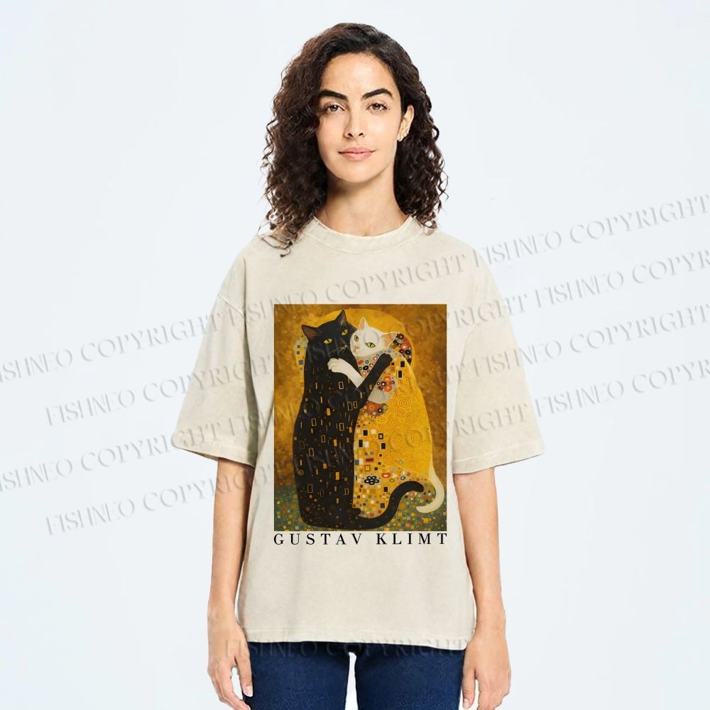 Unisex Cats in Klimt Art Printed Washed Tee
