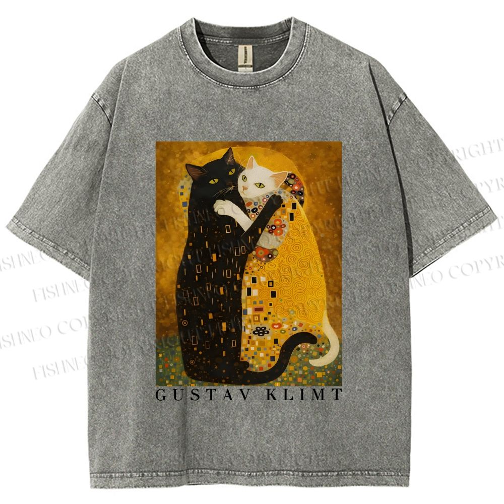 Unisex Cats in Klimt Art Printed Washed Tee