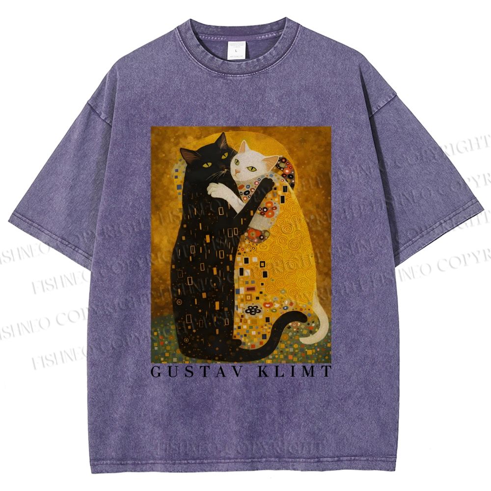 Unisex Cats in Klimt Art Printed Washed Tee