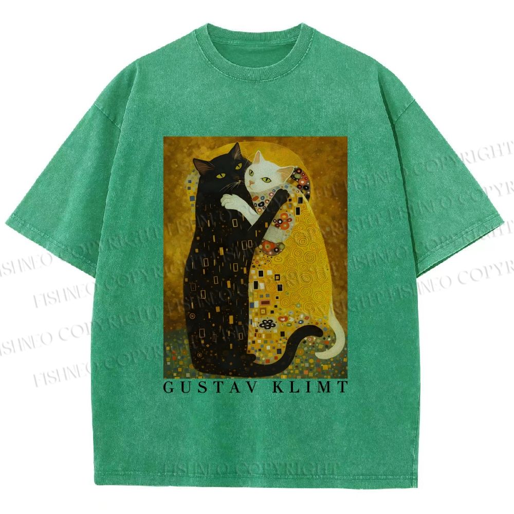 Unisex Cats in Klimt Art Printed Washed Tee