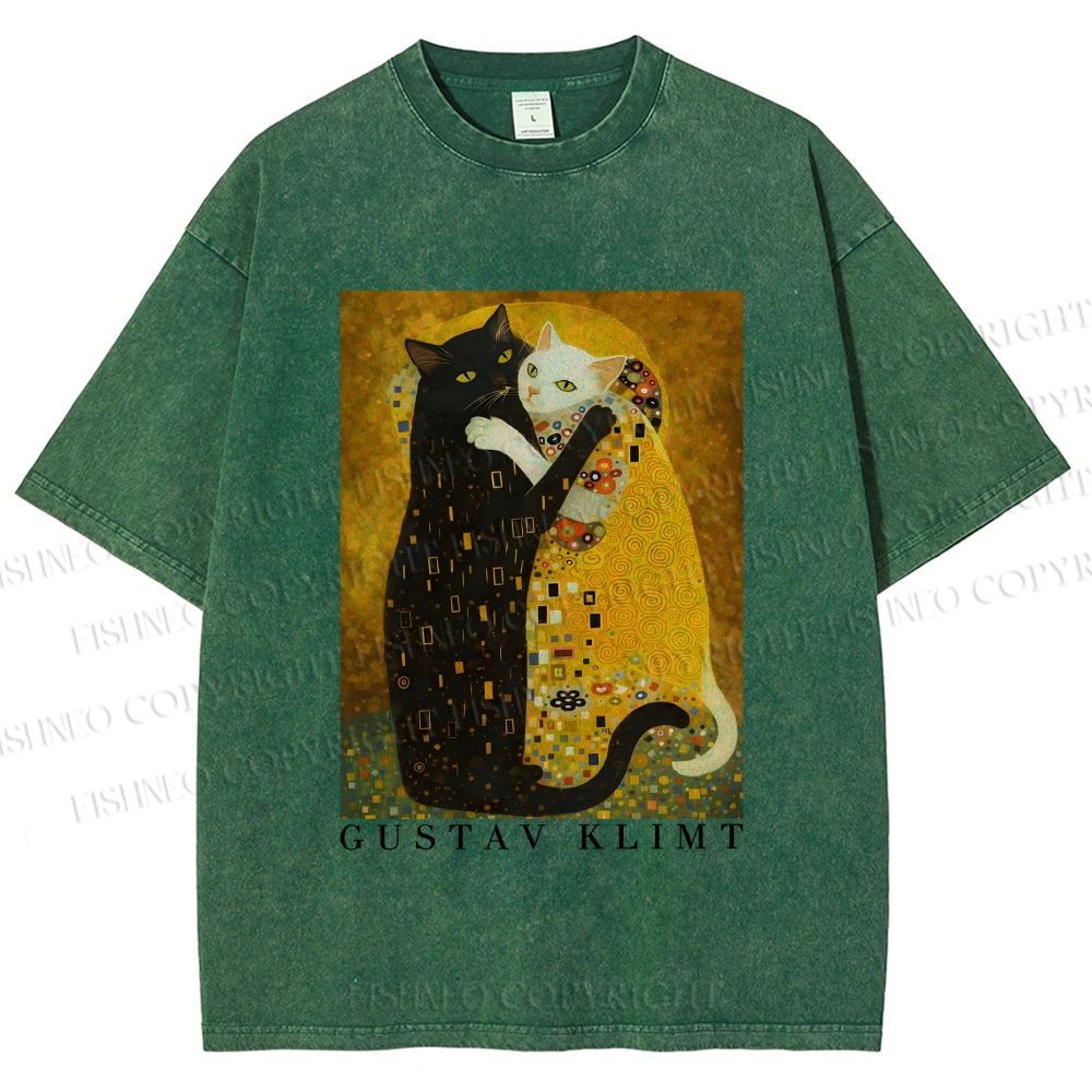 Unisex Cats in Klimt Art Printed Washed Tee